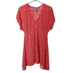 OP Women's XL/XG Crochet Knit Swim Cover Up Flash Neon Orange‎ V Neck Tunic Top